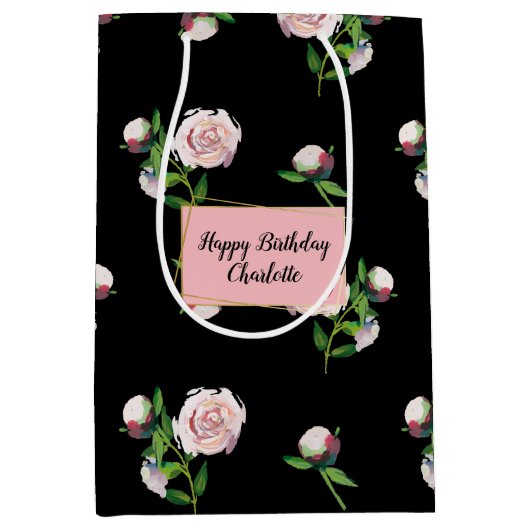 Sac Cadeau Moyen Roses roses sur fond noir (Devant)