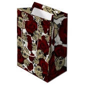 Sac Cadeau Moyen Roses Rouges & Crânes Fleur Noir Gothique Blanc (Devant Angle)