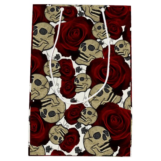 Sac Cadeau Moyen Roses Rouges & Crânes Floral Noir Gothique Blanc (Dos)