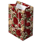 Sac Cadeau Moyen Roses rouges et blanches - Motif floral chic (Devant Angle)