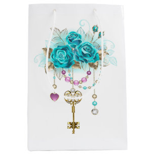 Sac Cadeau Moyen Roses turquoise avec touches