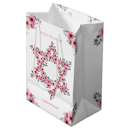 Sac Cadeau Moyen Rosh Hashanah Star de David Fleur rose blanc (Devant Angle)