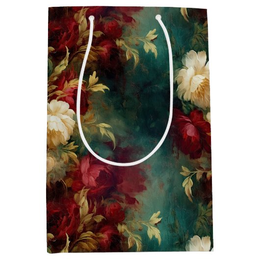 Sac Cadeau Moyen Rouge Blanc Or Vert Fleurs (Devant)