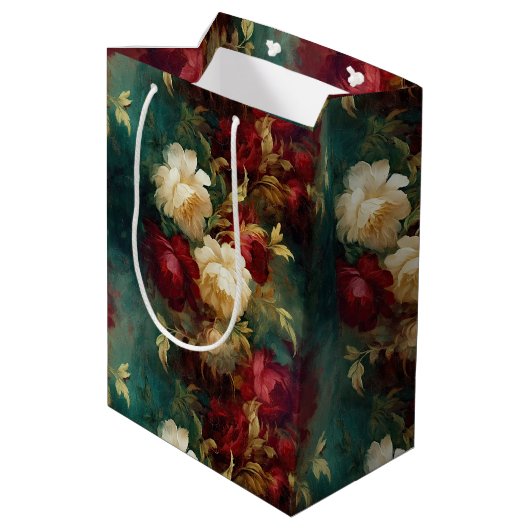 Sac Cadeau Moyen Rouge Blanc Or Vert Fleurs (Dos Angle)