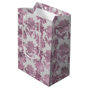 Sac Cadeau Moyen Rouge Bourgogne Fleurs Argentées Mariage