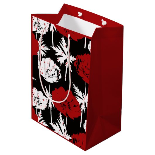 Sac Cadeau Moyen Rouge, fleurs blanches sur noir. (Dos Angle)