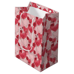 Sac Cadeau Moyen Rouge Grenat Rose Pâle Cœurs Roses Vin, Petit,