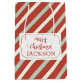 Sac Cadeau Moyen Rouge mignon, vert, blanc bonbon rayure Nom de Noë (Devant)