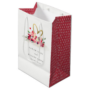 Sac Cadeau Moyen Rouge or Orchidée Coeur Floral Aquarelle Mariage