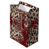Sac Cadeau Moyen Rouge Plaid Cheetah Imprimer Fâcheux Noël (Devant Angle)