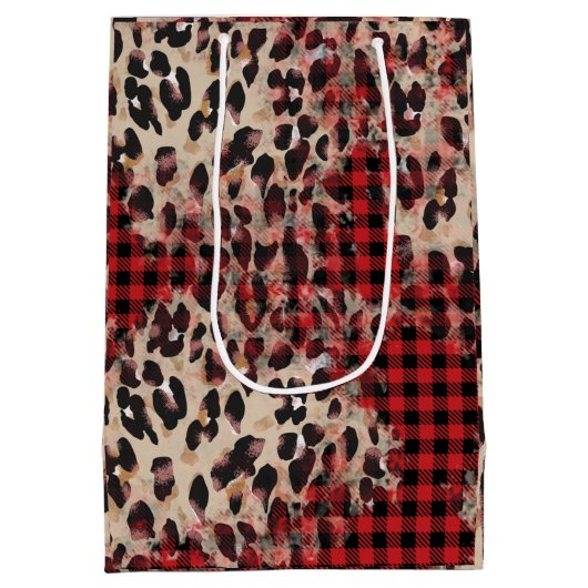 Sac Cadeau Moyen Rouge Plaid Cheetah Imprimer Fâcheux Noël (Dos)