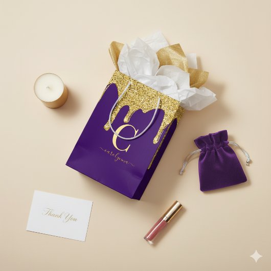 Sac Cadeau Moyen Royal Purple Gold Parties scintillant gouttes Mono