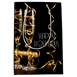 Sac Cadeau Moyen Ruban doré Champagne Joyeuses Fêtes