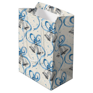 Sac Cadeau Moyen Rubans bleus et clochettes d'argent sur Crème