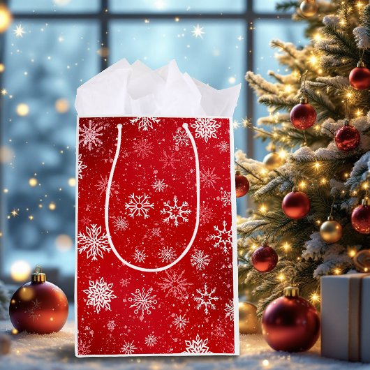 Sac Cadeau Moyen Ruby Red Festive Noël Blanc Flocons de Neige