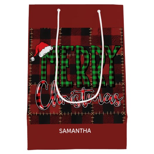 Sac Cadeau Moyen Rustic Farmhouse Buffalo Plaid Christmas Custom (Dos)