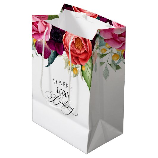 Sac Cadeau Moyen Rustique Boho Floral 100e anniversaire (Devant Angle)
