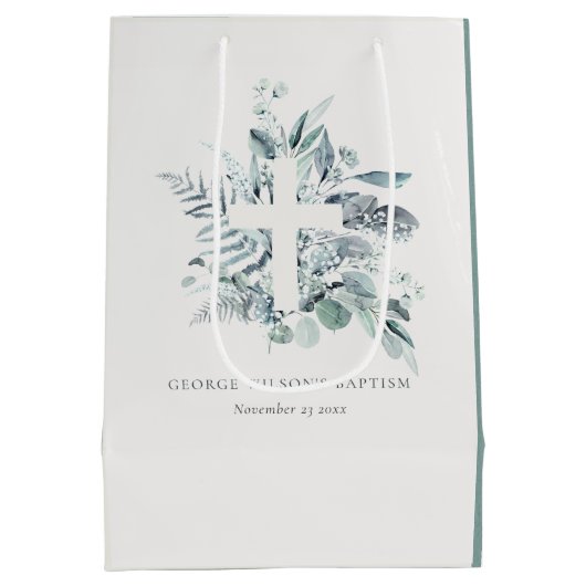 Sac Cadeau Moyen Rustique Green Eucalyptus Fern Foliage Croix Baptê (Dos)
