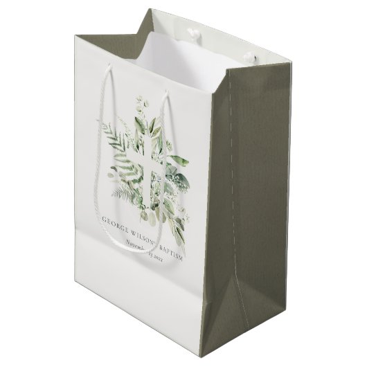 Sac Cadeau Moyen Rustique Green Eucalyptus Fern Foliage Croix Baptê (Devant Angle)