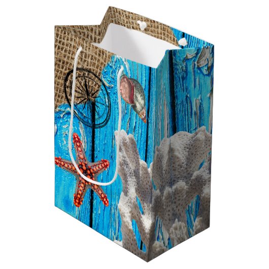 Sac Cadeau Moyen Rustique Nautique Bleu Burlap Starfish (Devant Angle)
