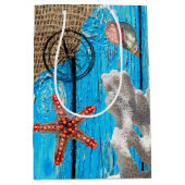 Sac Cadeau Moyen Rustique Nautique Bleu Burlap Starfish (Devant)