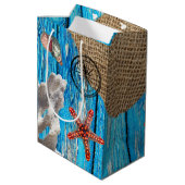 Sac Cadeau Moyen Rustique Nautique Bleu Burlap Starfish (Dos Angle)