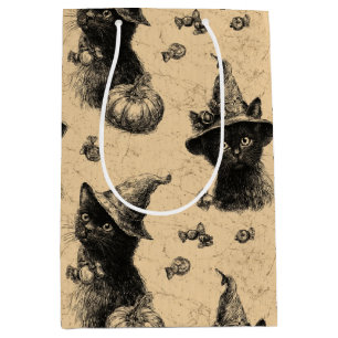 Sac Cadeau Moyen Rustique Vintage Chat Noir Sorcière Halloween Moti