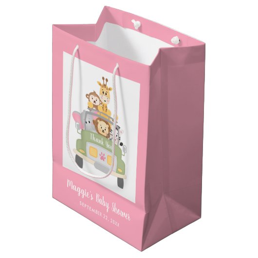 Sac Cadeau Moyen Safari rose bébé fille douche Merci (Devant Angle)