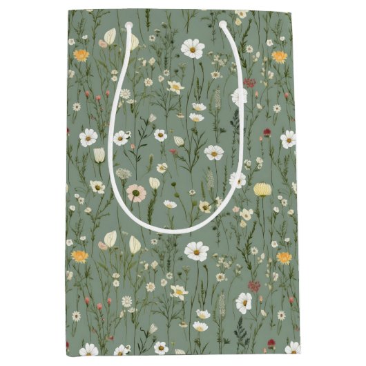 Sac Cadeau Moyen Sage Vert Jaune Blanc Fleurs sauvages Anniversaire (Devant)