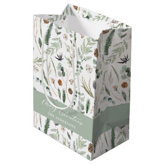 Sac Cadeau Moyen Sage vert Noël moderne minimum botanique enveloppé (Dos Angle)