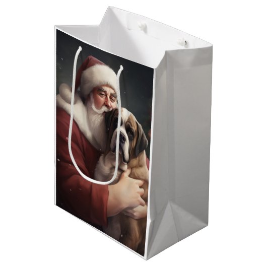 Sac Cadeau Moyen Saint Bernard avec le Père Noël Festif Noël (Devant Angle)
