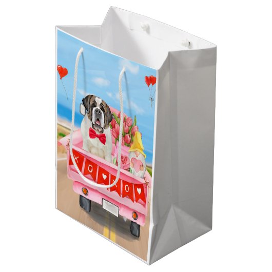 Sac Cadeau Moyen Saint Bernard Chien Saint Valentin Coeurs de camio (Devant Angle)