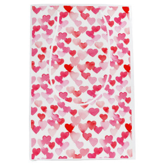 Sac Cadeau Moyen Saint Valentin Coeurs d'aquarelle rouge et rose