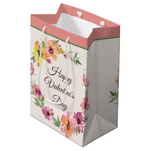 Sac Cadeau Moyen Saint-Valentin florale à l'aquarelle rose et orang