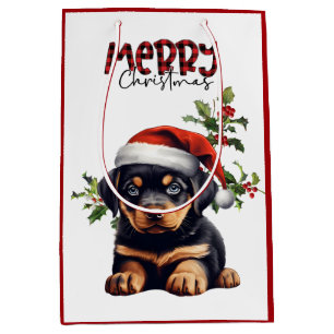 Sac Cadeau Moyen Santa Hat Holly Rottweiler Chiot Noël