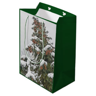 SAC CADEAU MOYEN SAPIN BLEU AVEC DES CÔNES DE NEIGE ET DE PIN