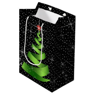 Sac Cadeau Moyen Sapin de Noël au Ruban Vert Pailleté