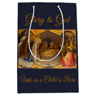 Sac Cadeau Moyen Scène de la Nativité dans la gloire d'or à Dieu