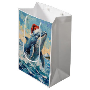 Sac Cadeau Moyen Scène de Noël avec une baleine vintage portant un