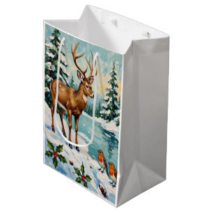Sac Cadeau Moyen Scène de Noël vintage avec cerf et rouges-gorges