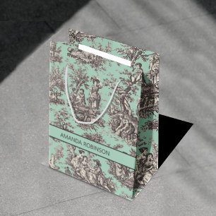 Sac Cadeau Moyen Scène française vintage toile de Jouy noire menthe
