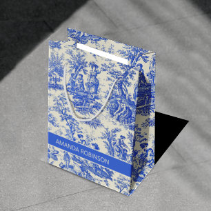 Sac Cadeau Moyen Scènes élégantes vintage de toile de Jouy bleue