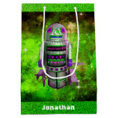 Sac Cadeau Moyen Sci fi retro toy robot galaxie verte nom personnal (Dos)