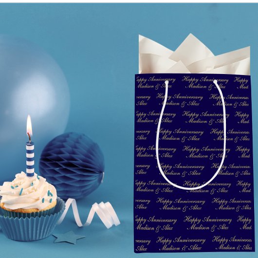 Sac Cadeau Moyen Script Joyeux Anniversaire avec Nom Bleu Or