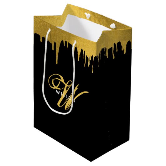 Sac Cadeau Moyen Script Vintage Black & Gold (Devant Angle)