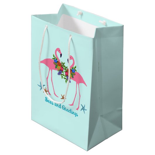 Sac Cadeau Moyen Seas n Salutations Flamants roses roses Noël (Devant Angle)