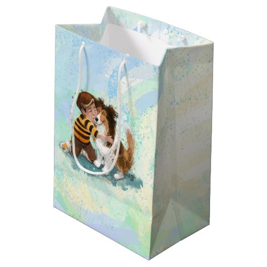 Sac Cadeau Moyen Sheltie and Boy Dog Hug (Dos Angle)