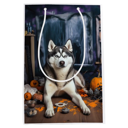 Sac Cadeau Moyen Sibérie Husky Citrouille Halloween effrayant (Devant)
