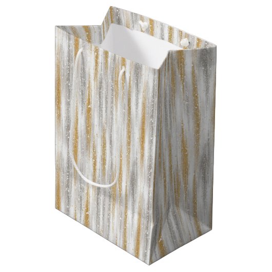 Sac Cadeau Moyen Silver Gold Glam Glitzy Stripes Christmas (Devant Angle)