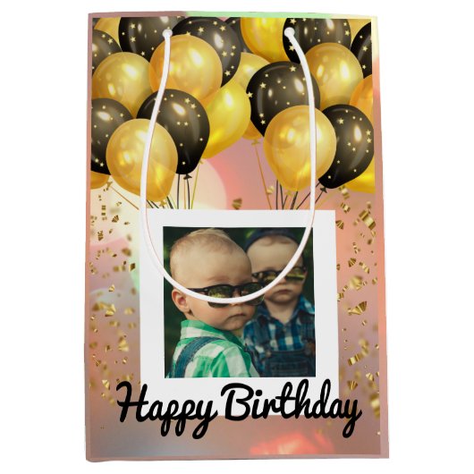 Sac Cadeau Moyen Simple Joyeux Anniversaire Ajouter un texte photo (Devant)